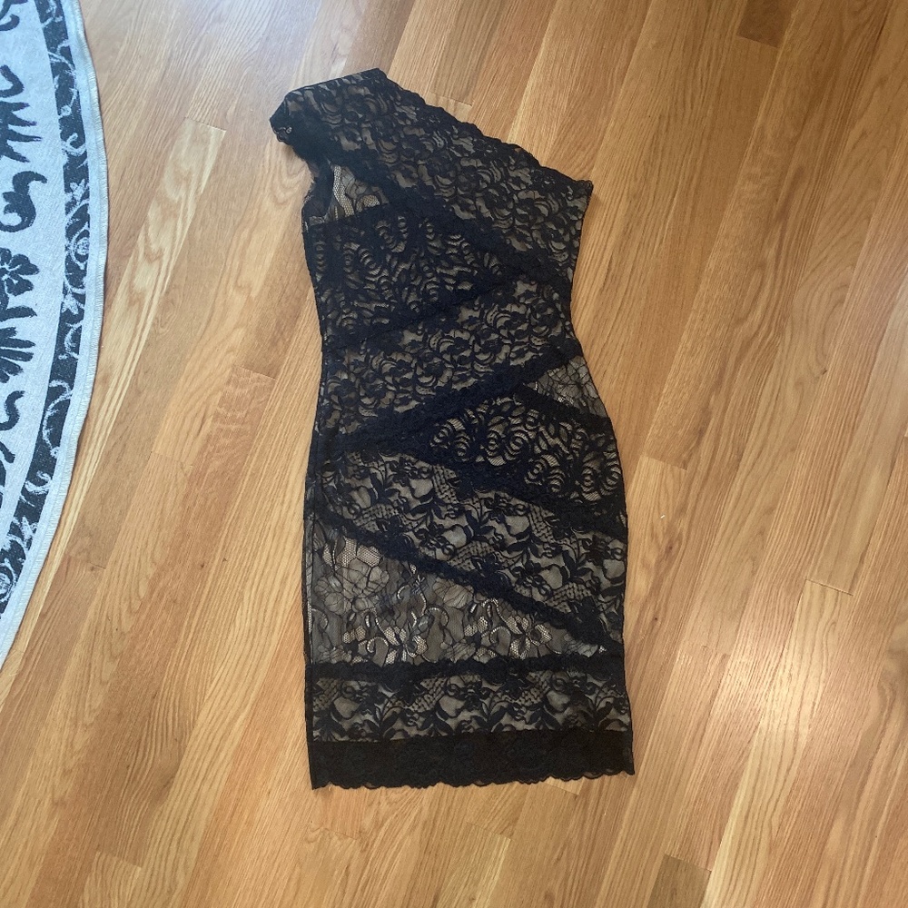 Black/nude lace dress, one shoulder dress  Bebe